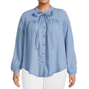 NWT TERRA & SKY Faux Light Denim Button Up Tie Blouse Size 14W